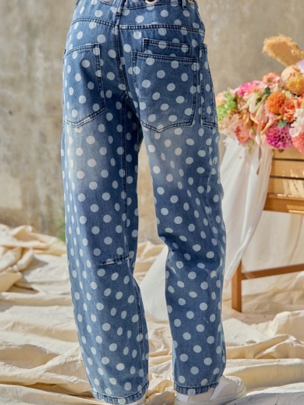 "The Harmony" Polka Dot Printed Denim Pants With Waist Belt - Picture 4 of 8